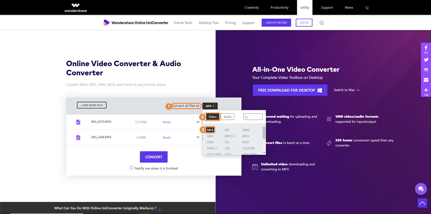 Select the target format to which you want to convert