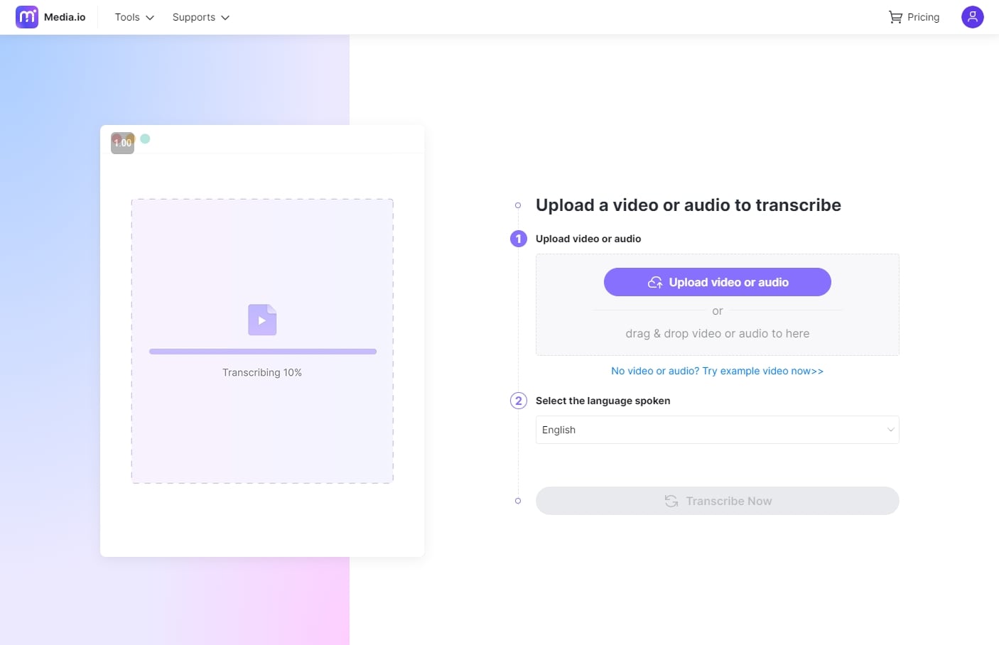 upload interview audio or video to Transcription app in Media.io